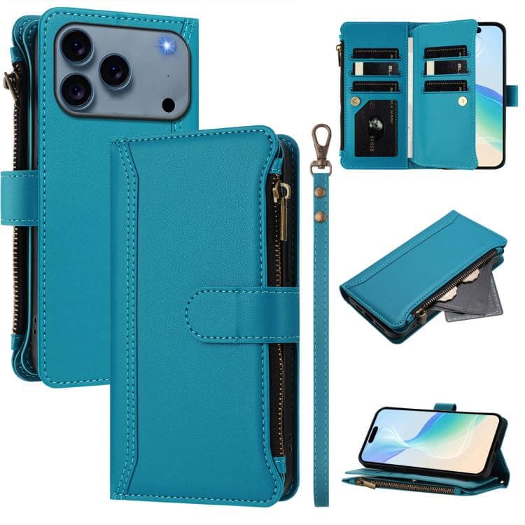 For iPhone 17 Pro Magnetic Closure 9 Card Slots Zipper Leather Case with Hand Strap(Turquoise) - Immagine 1