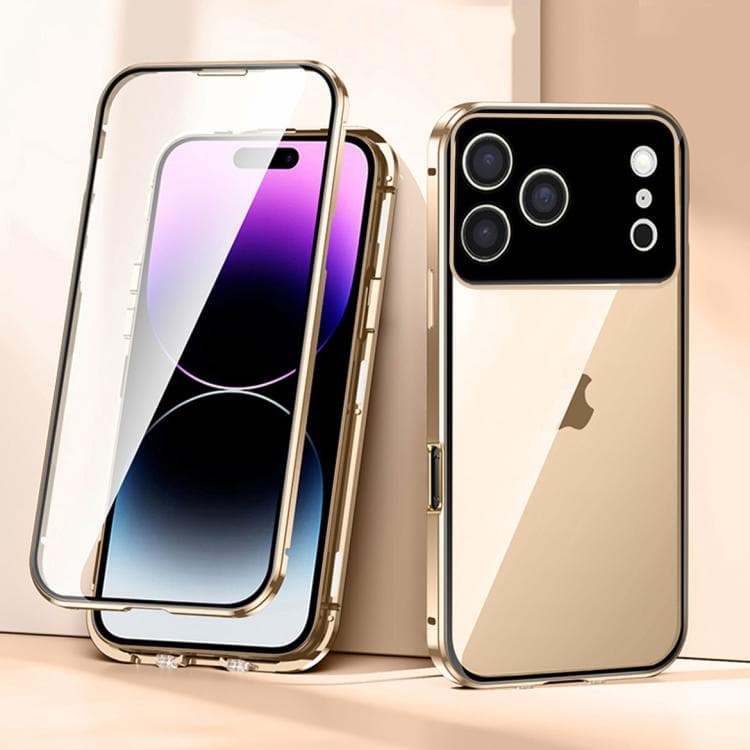 For iPhone 17 Pro Magnetic Double-buckle HD Tempered Glass Phone Case(Gold) - Immagine 1