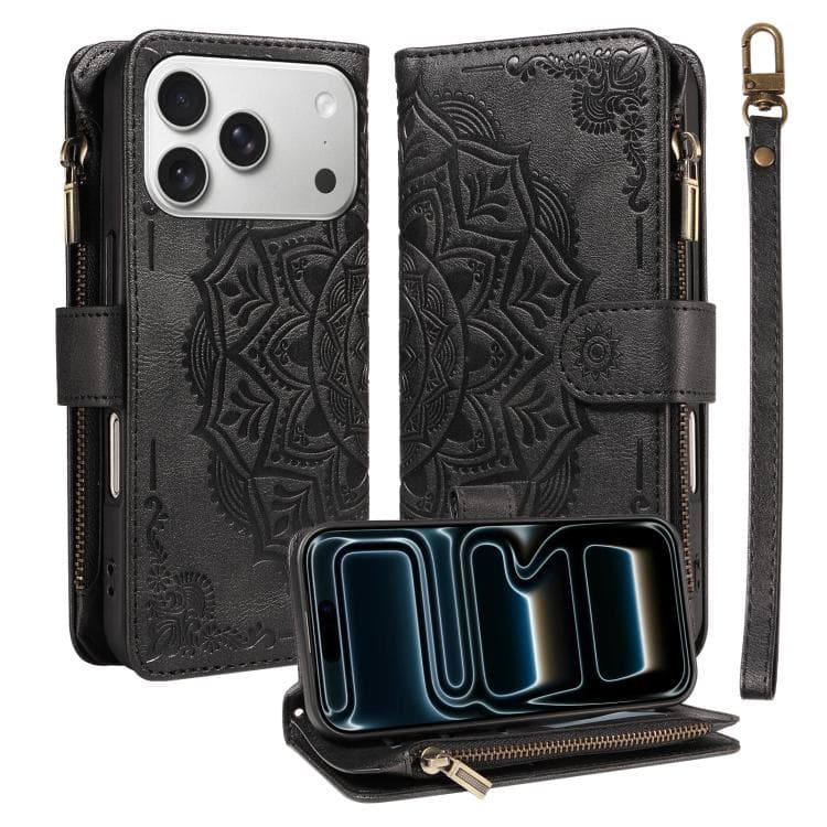 For iPhone 17 Pro Mandala Embossed 9-Card Zipper RFID Vegan Leather Phone Case with Short Lanyard(Black) - Immagine 1