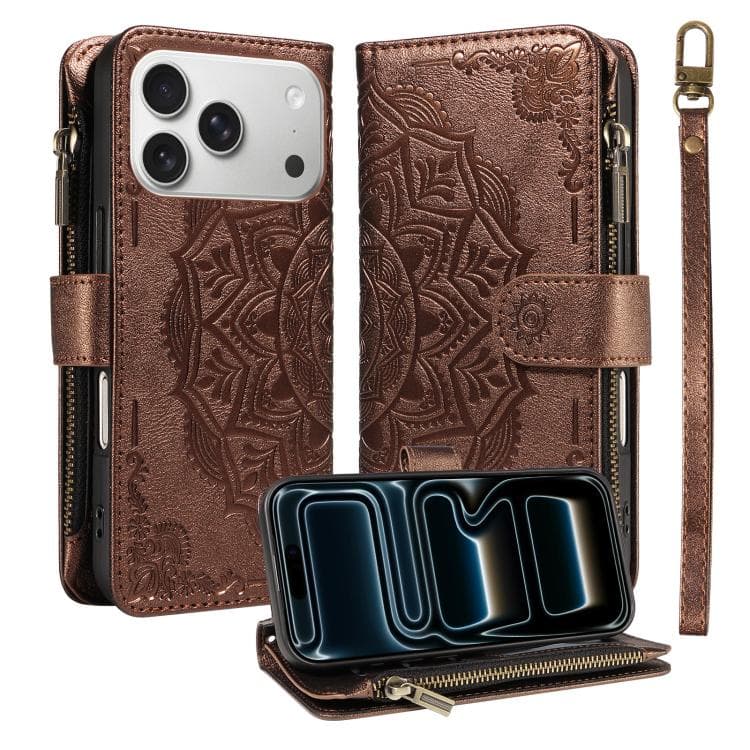 For iPhone 17 Pro Mandala Embossed 9-Card Zipper RFID Vegan Leather Phone Case with Short Lanyard(Brown) - Immagine 1