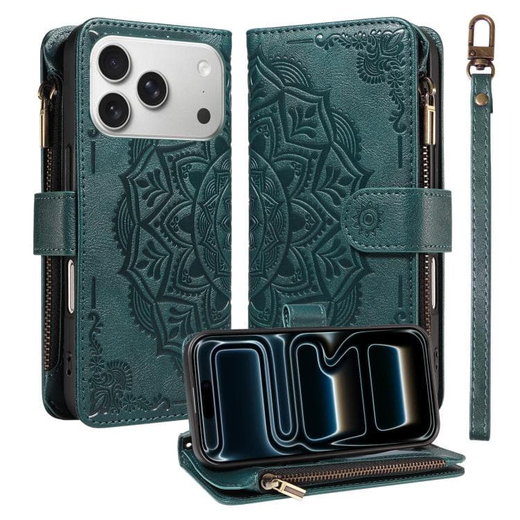 For iPhone 17 Pro Mandala Embossed 9-Card Zipper RFID Vegan Leather Phone Case with Short Lanyard(Green) - Immagine 1