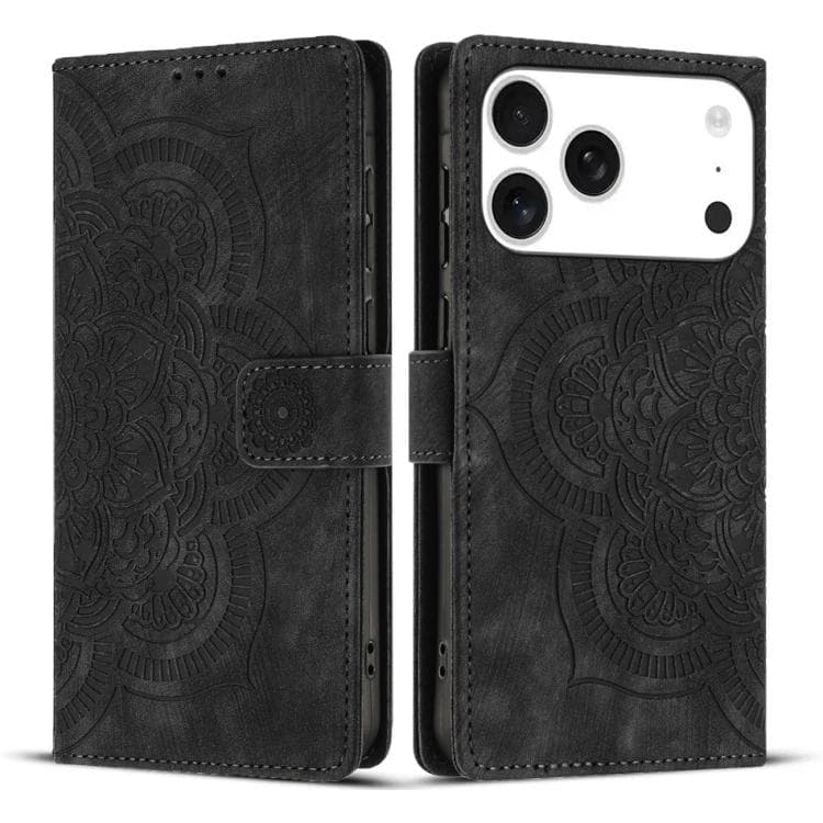 For iPhone 17 Pro Mandala Embossed Retro Frosted Leather Phone Case(Black) - Immagine 1