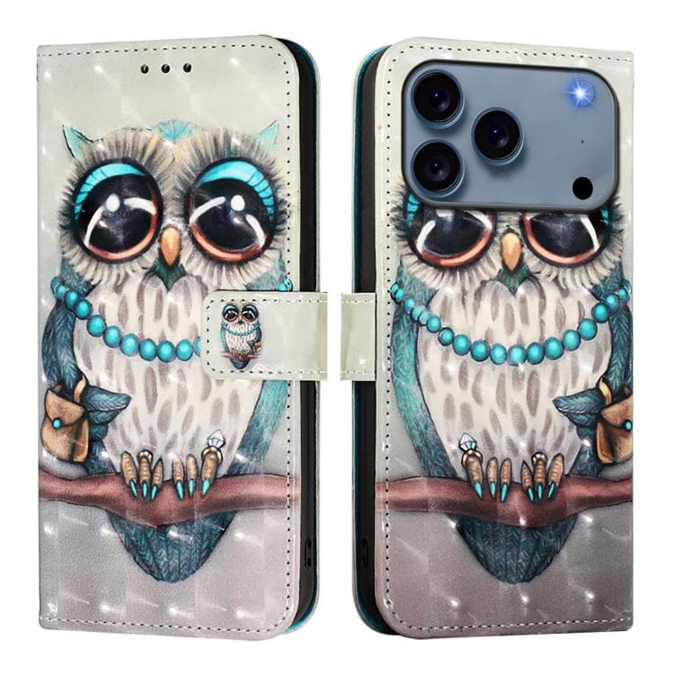 Fodero in pelle orizzontale con pittura 3D per iPhone 17 Pro Max (Gufo Grigio) - Immagine 1