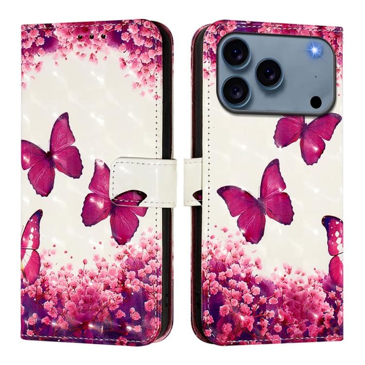 Fodero in pelle orizzontale con pittura 3D per iPhone 17 Pro Max (Farfalla rosa) - Immagine 1