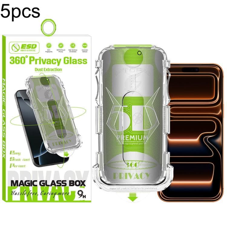For iPhone 17 Pro Max 5pcs 5D Curved Easy Install Dust-proof Box 360 Privacy Tempered Glass Film - Immagine 1