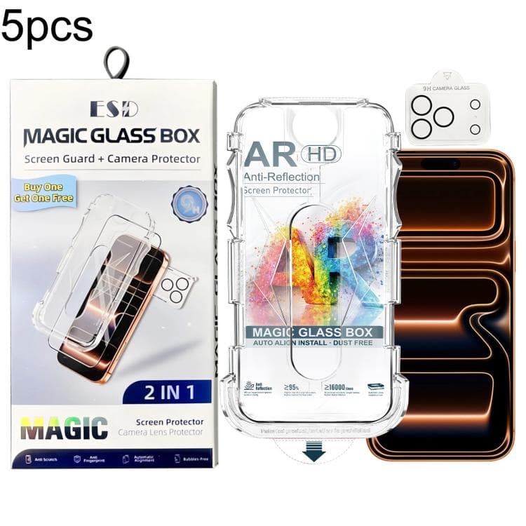 For iPhone 17 Pro Max 5pcs Easy Install Dust-proof Box AR HD Tempered Glass Film with Lens Film - Immagine 1