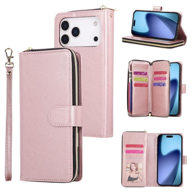 For iPhone 17 Pro Max 9 Card Slots Zipper Wallet Bag Leather Phone Case(Rose Gold) - Immagine 1