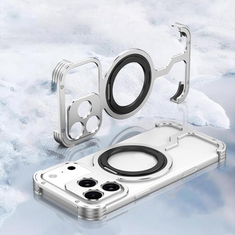 For iPhone 17 Pro Max Armor Alloy Frameless MagSafe Magnetic Bracket Heat Dissipation Metal Phone Case(Silver Black) - Immagine 1