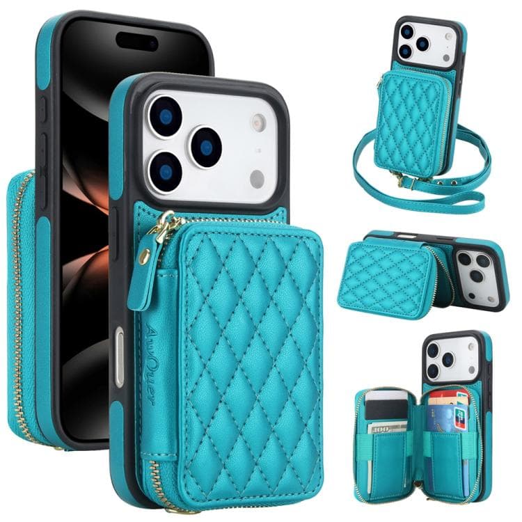 For iPhone 17 Pro Max AwQuer Crossbody Zipper Wallet Rhombic Leather Back Phone Case(Green) - Immagine 1