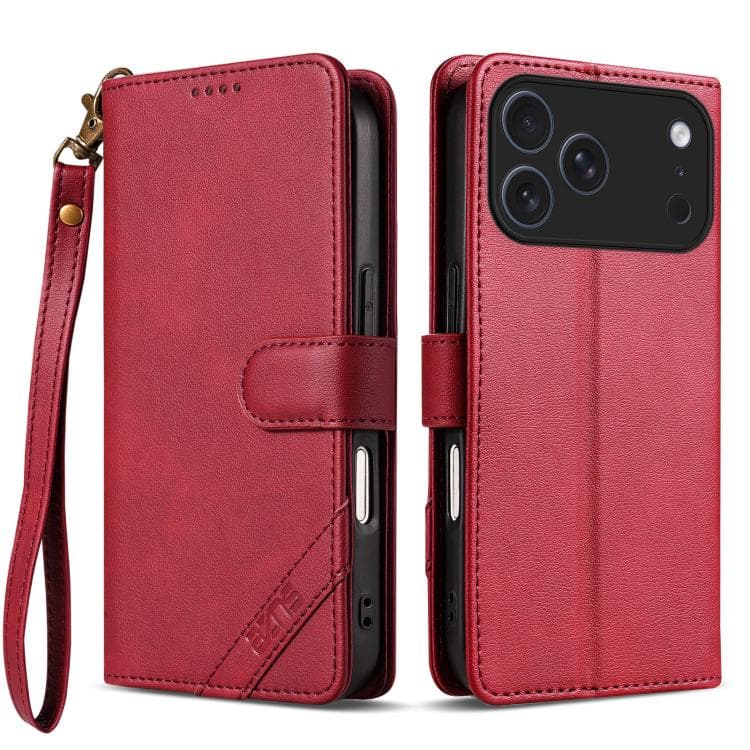 Custodia in pelle vegana con RFID per iPhone 17 Pro Max AZNS A2 Series Tri-Card Wallet con cinturino (Rosso) - Immagine 1