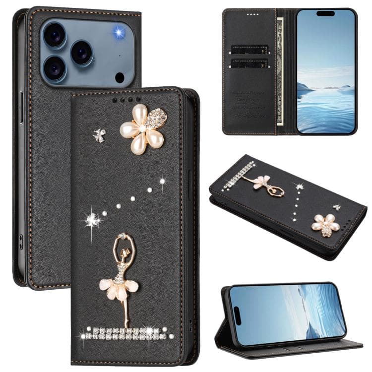 Custodia per iPhone 17 Pro Max Ballerina con strass e protezione RFID in pelle vegana (Nero) - Immagine 1