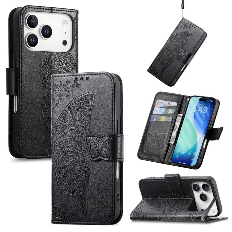 For IPhone 17 Pro Max Butterfly Love Flower Embossed Leather Phone Case(Black) - Immagine 1