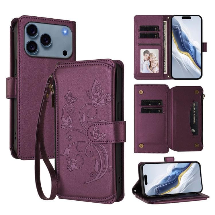For iPhone 17 Pro Max Butterfly Love Flower Multi-card Zipper Wallet Leather Phone Case(Dark Purple) - Immagine 1