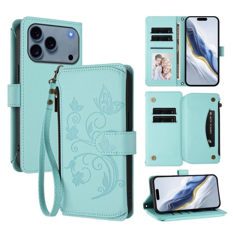 For iPhone 17 Pro Max Butterfly Love Flower Multi-card Zipper Wallet Leather Phone Case(Mint Green) - Immagine 1