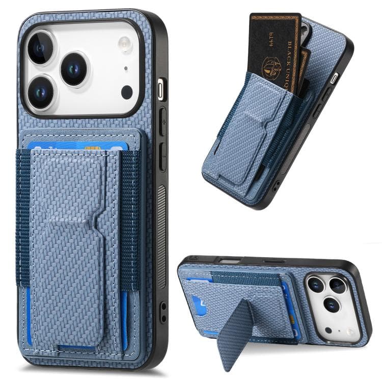 For iPhone 17 Pro Max Carbon Fiber Fold Stand Elastic Card Bag Phone Case(Blue) - Immagine 1