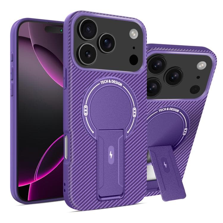 For iPhone 17 Pro Max Carbon Fiber Texture MagSafe Phone Case with Holder(Purple) - Immagine 1