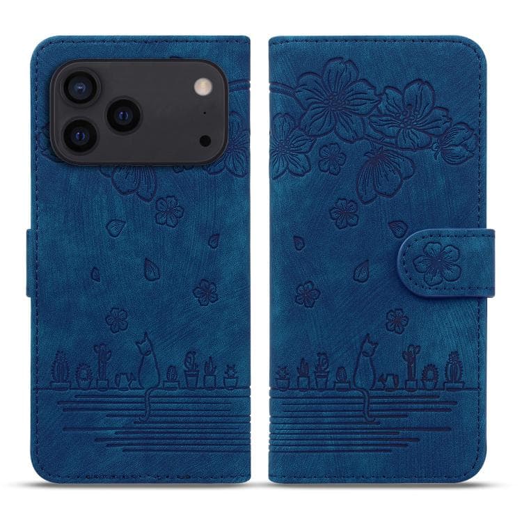 For iPhone 17 Pro Max Cartoon Sakura Cat Embossed Leather Phone Case(Royal Blue) - Immagine 1