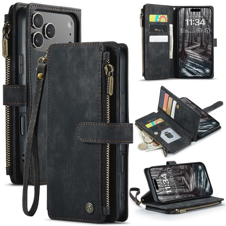 For iPhone 17 Pro Max CaseMe C30 Card Slots Zipper Wallet Leather Phone Case(Black) - Immagine 1
