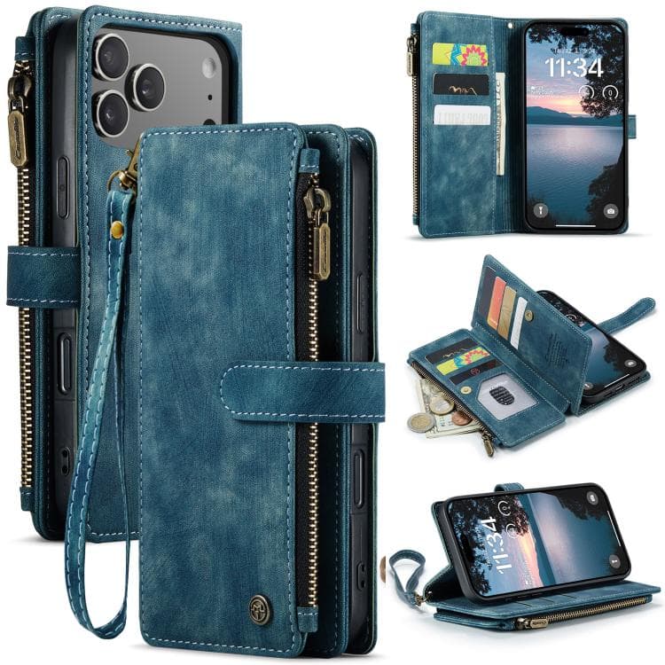 For iPhone 17 Pro Max CaseMe C30 Card Slots Zipper Wallet Leather Phone Case(Blue) - Immagine 1