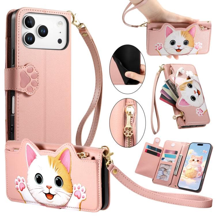 Custodia per iPhone 17 Pro Max a forma di gatto in pelle vegana con portafoglio e cerniera, con cinturino (Rosa) - Immagine 1