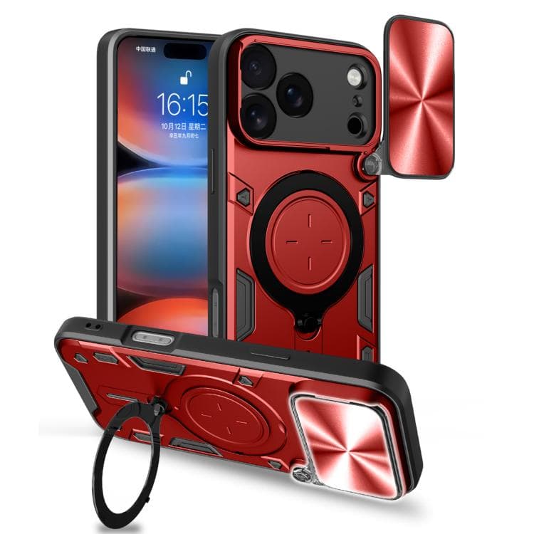 For iPhone 17 Pro Max CD Texture Sliding Camshield Magnetic Holder Phone Case(Red)