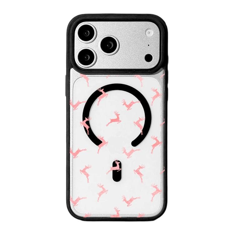 For iPhone 17 Pro Max Christmas Series Strong Magnetic Painted Black Edge Phone Case(Pink Reindeer Leaping) - Immagine 1