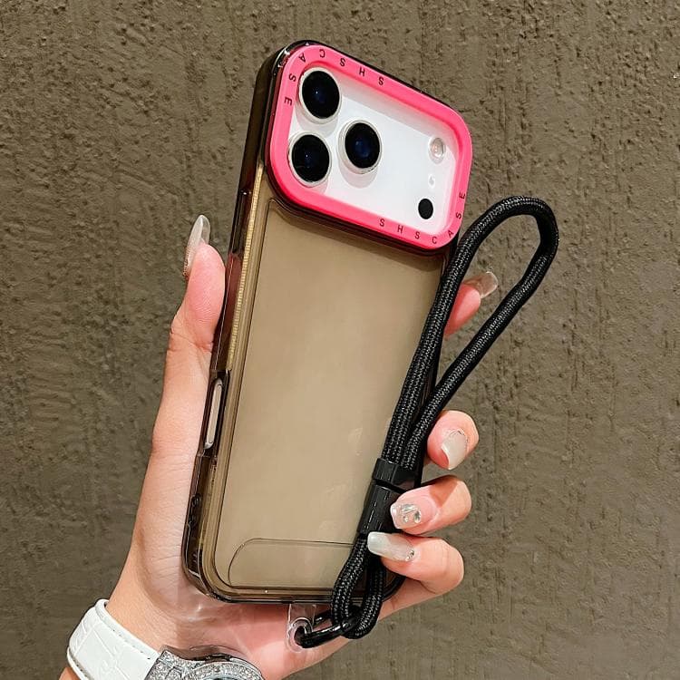 For iPhone 17 Pro Max Color Contrast Lens Frame Transparent TPU Phone Case with Lanyard(Black+Rose Red) - Immagine 1