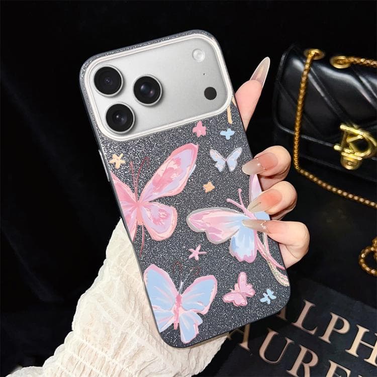 For iPhone 17 Pro Max Colorful Butterflies Pattern IMD Glitter PC Hybrid TPU Phone Case(Black) - Immagine 1
