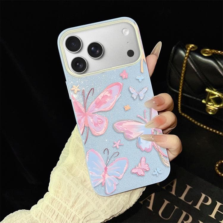 For iPhone 17 Pro Max Colorful Butterflies Pattern IMD Glitter PC Hybrid TPU Phone Case(Blue) - Immagine 1