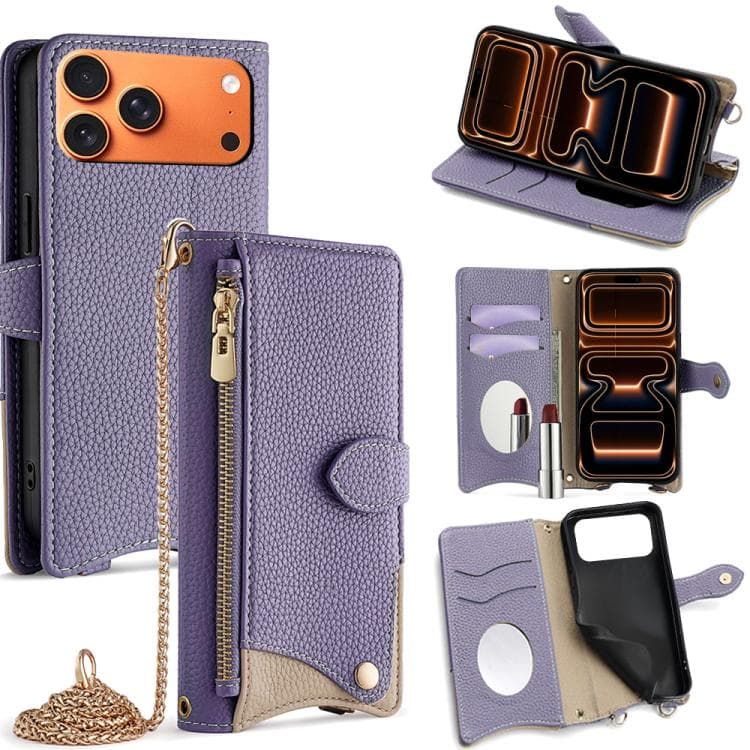 For iPhone 17 Pro Max Crossbody Chain Fishtail Litchi Leather Phone Case(Purple) - Immagine 1
