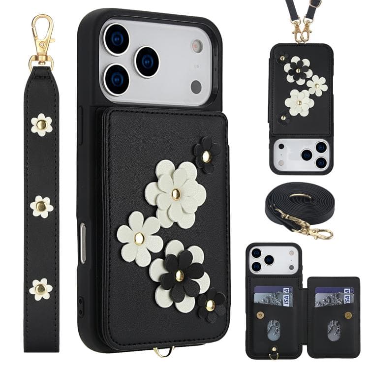 For iPhone 17 Pro Max Crossbody Flower Pattern Leather Phone Case(Black) - Immagine 1