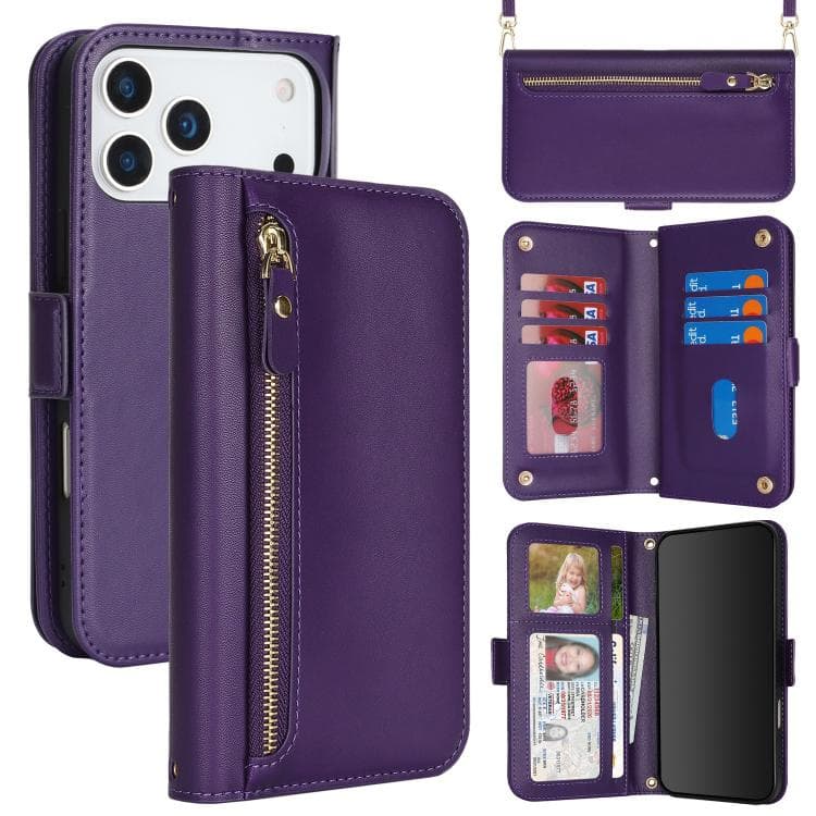 For iPhone 17 Pro Max Crossbody Front Zipper Multi-Card Wallet Bag Vegan Leather Phone Case(Dark Purple) - Immagine 1