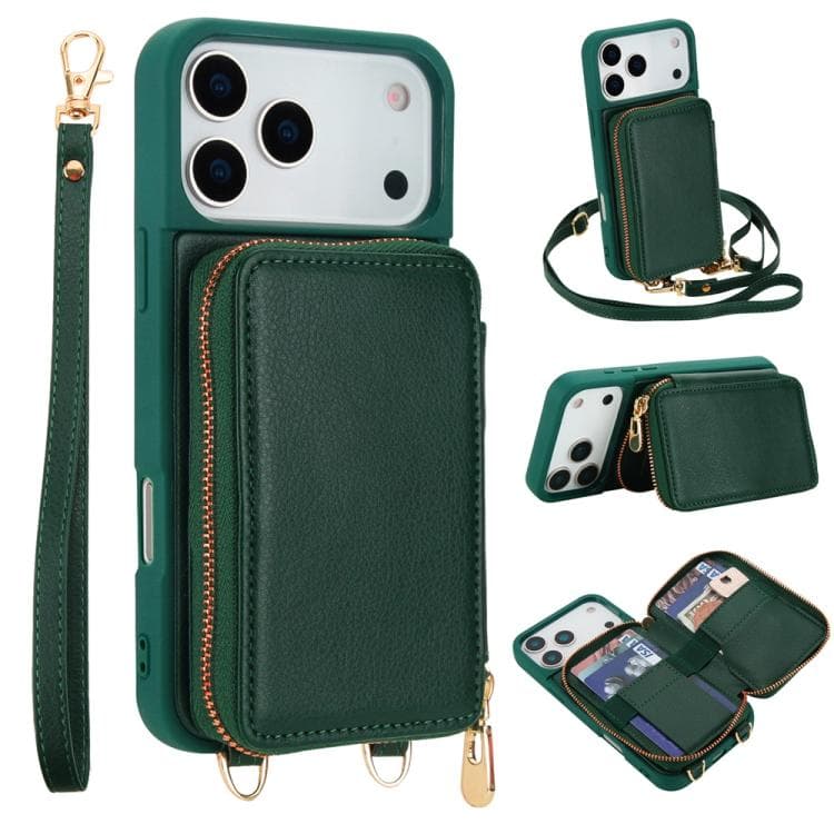 For iPhone 17 Pro Max Crossbody Zipper RFID Card Bag Phone Case(Green) - Immagine 1