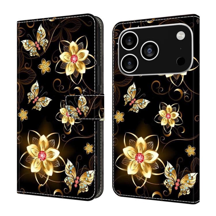 For iPhone 17 Pro Max Crystal-Like Painted Vegan Leather Phone Case(Gold Flower Gold Butterfly) - Immagine 1