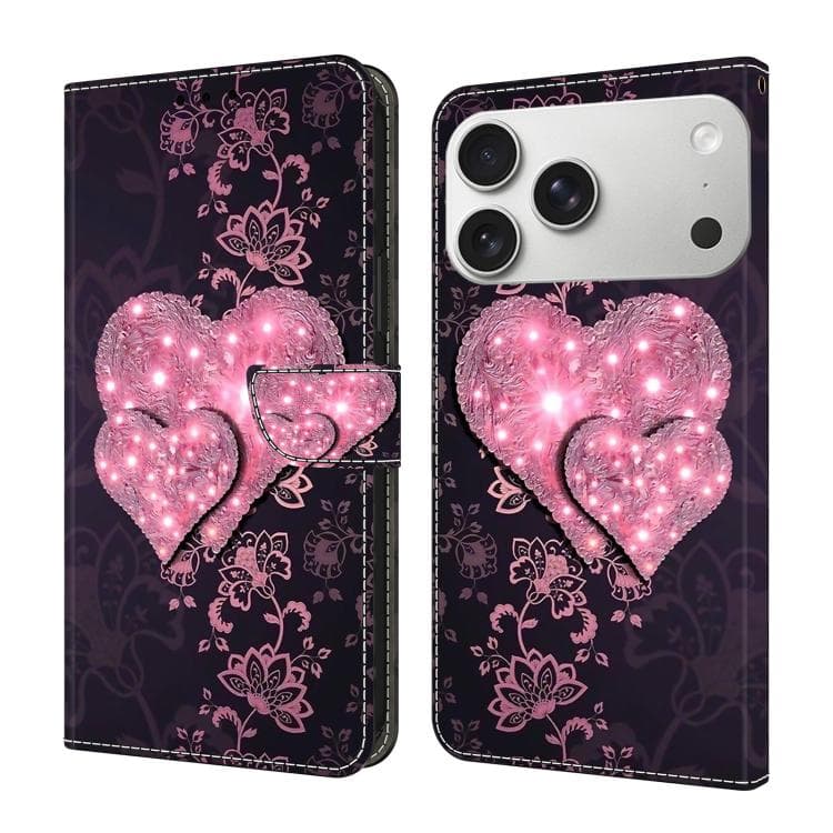 For iPhone 17 Pro Max Crystal-Like Painted Vegan Leather Phone Case(Lace Heart Peach) - Immagine 1