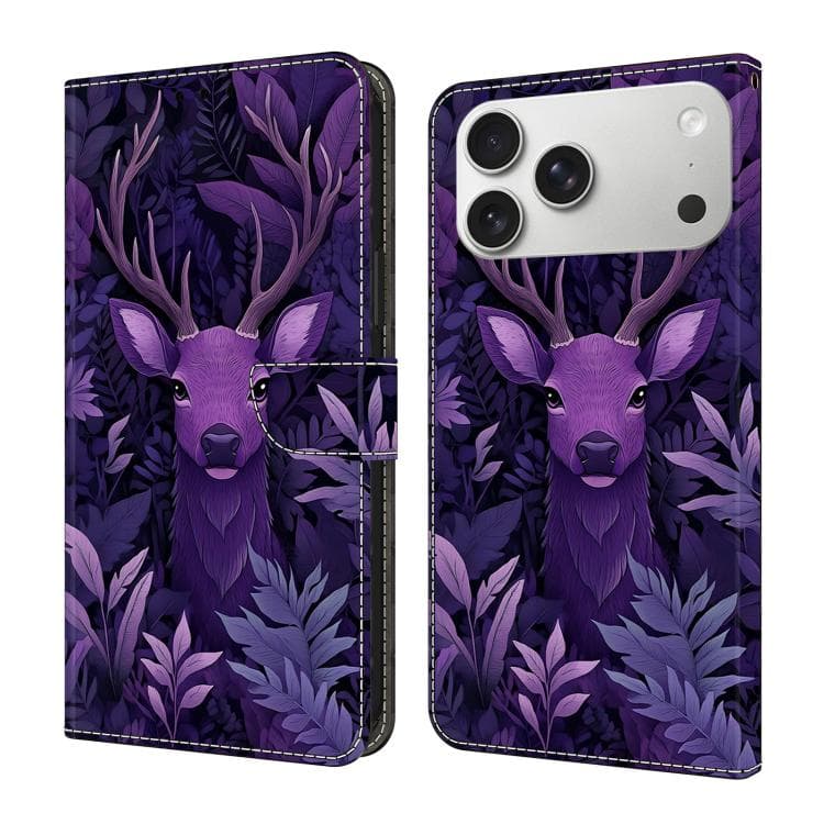 For iPhone 17 Pro Max Crystal-Like Painted Vegan Leather Phone Case(Purple Deer) - Immagine 1