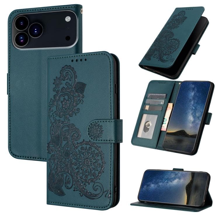 For iPhone 17 Pro Max Datura Flower Embossed Flip Leather Phone Case(Dark Green) - Immagine 1