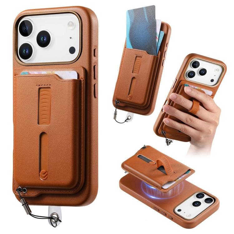 For iPhone 17 Pro Max Detachable Magnetic Card Bag Phone Case with Finger Ring Grip & Anti-loss Rope(Brown) - Immagine 1