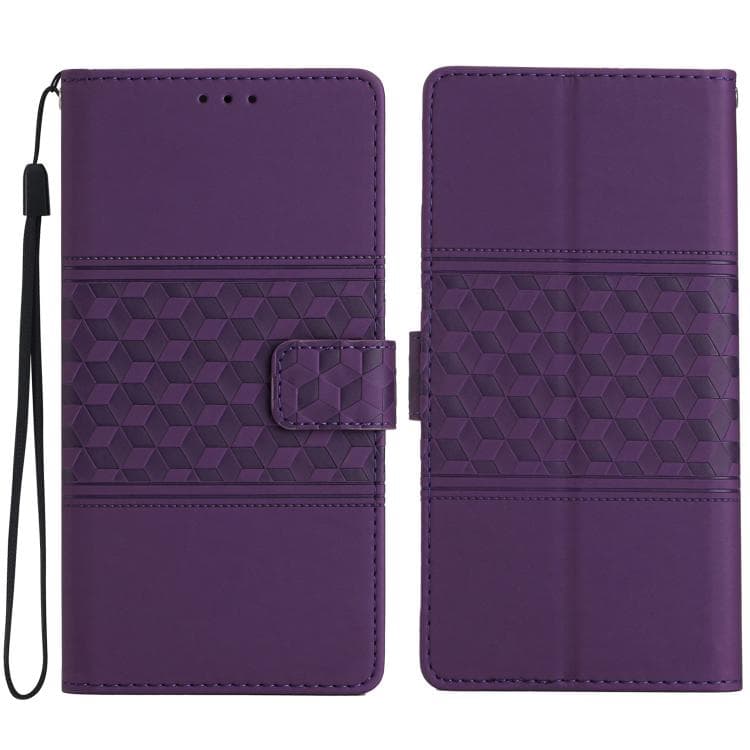 Fodero in pelle con effetto pelle goffrata a diamante per iPhone 17 Pro Max (Viola) - Immagine 1