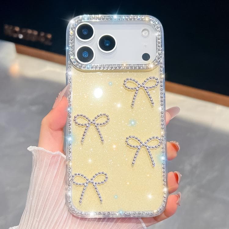For iPhone 17 Pro Max Diamond Glitter Bow-knot Four-Corner Shockproof Phone Case(Light Yellow) - Immagine 1