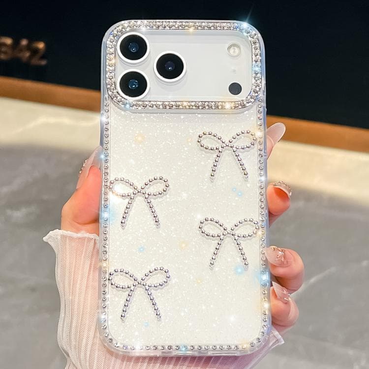 For iPhone 17 Pro Max Diamond Glitter Bow-knot Four-Corner Shockproof Phone Case(White) - Immagine 1