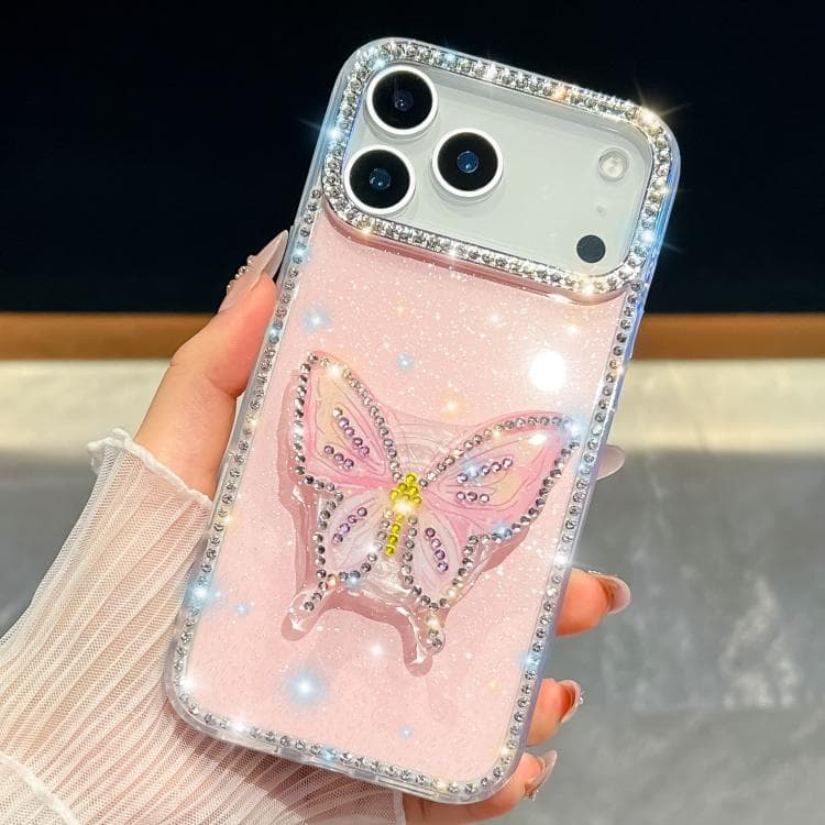 For iPhone 17 Pro Max Diamond Glitter Butterfly Holder Phone Case(Light Pink) - Immagine 1