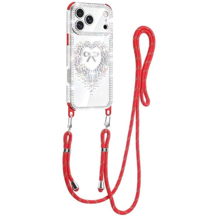 For iPhone 17 Pro Max Diamond Heart Bow PC Hybrid TPU Airbag Phone Case with Lanyard(Red) - Immagine 1
