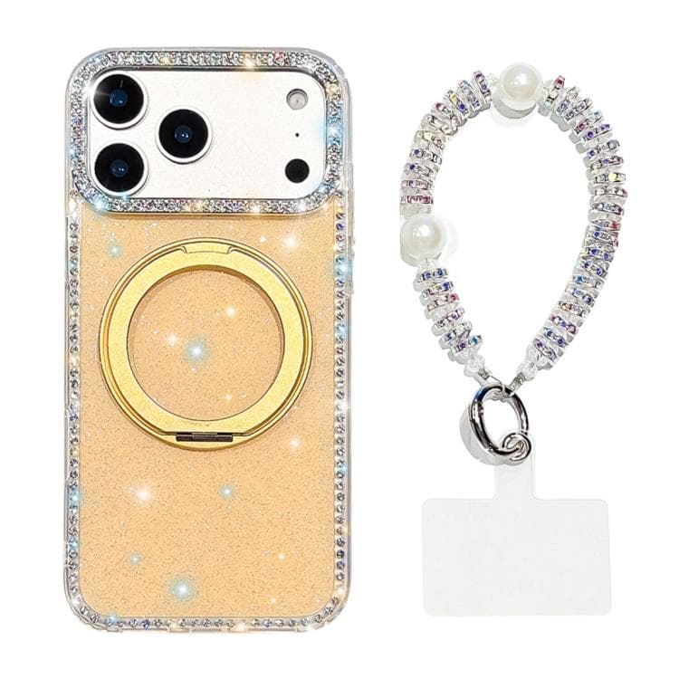 For iPhone 17 Pro Max Diamond IMD 360 Rotation Magnetic Metal Holder Phone Case with Strap(Glitter Light Yellow) - Immagine 1