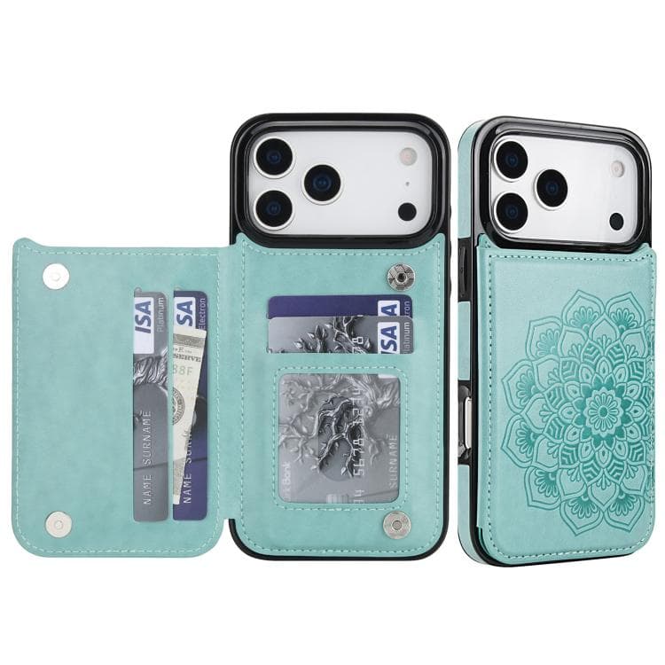 For iPhone 17 Pro Max Double Buckle Mandala Leather Wallet Back Cover Phone Case(Green) - Immagine 1