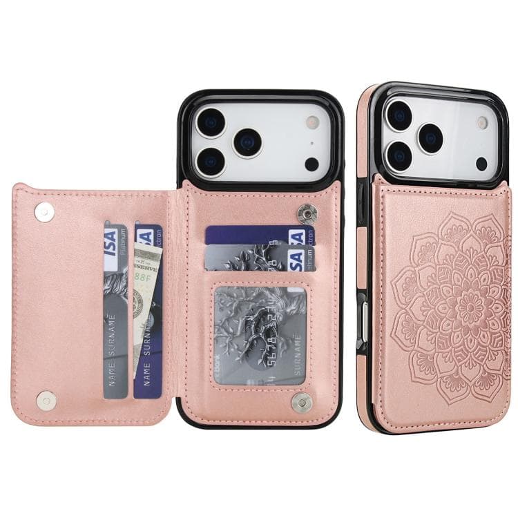 For iPhone 17 Pro Max Double Buckle Mandala Leather Wallet Back Cover Phone Case(Rose Gold) - Immagine 1