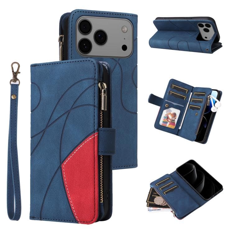 For iPhone 17 Pro Max Dual-color 9 Card Slots Zipper Wallet Leather Phone Case(Blue) - Immagine 1