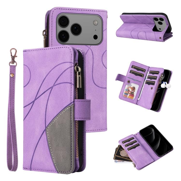 For iPhone 17 Pro Max Dual-color 9 Card Slots Zipper Wallet Leather Phone Case(Purple) - Immagine 1