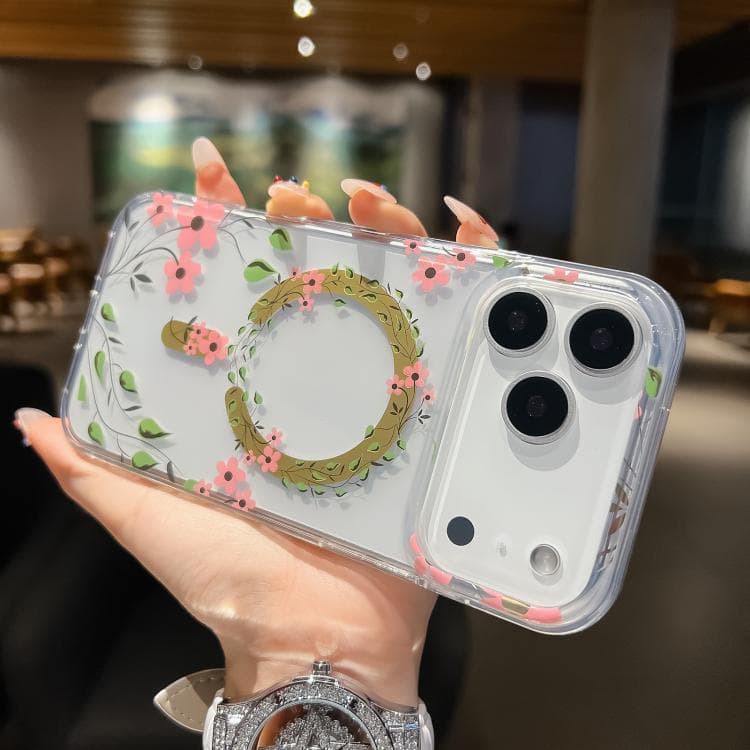 For iPhone 17 Pro Max Dual-side Laminating IMD MagSafe Phone Case(Pink Flowers) - Immagine 1