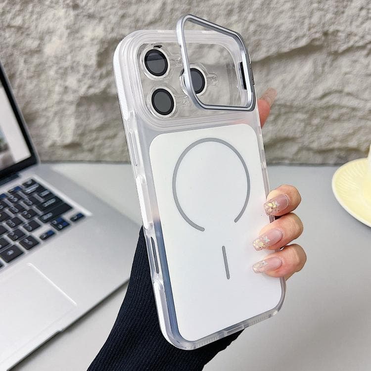 For iPhone 17 Pro Max Electroplated Lens Holder MagSafe PC Hybrid TPU Phone Case(White) - Immagine 1